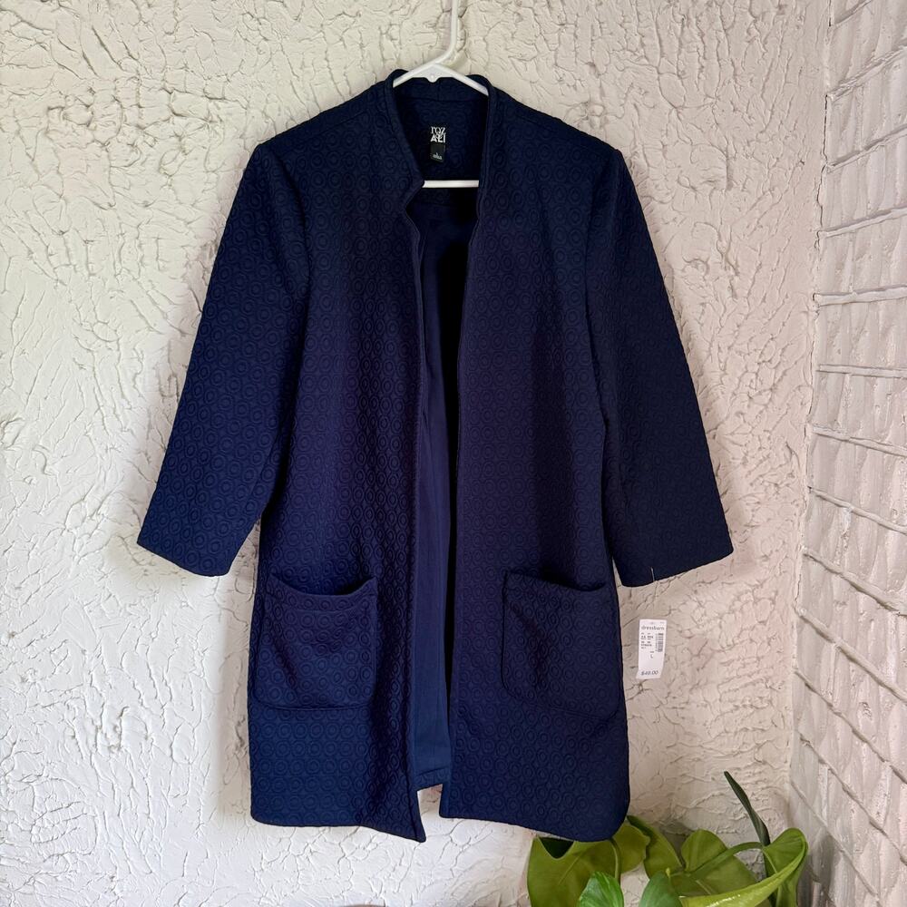 Roz & Ali Navy Open-Front Long Jacket